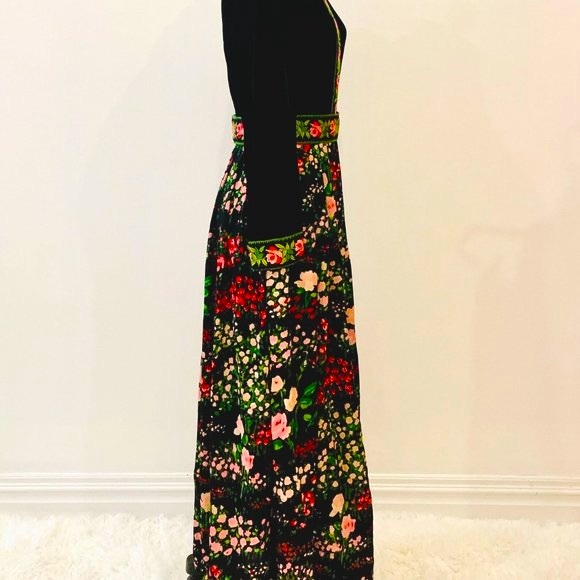 70s RK ORIGINALS true vintage BLACK velvet floral MAXI DRESS belt MEDIUM roses - Picture 3 of 12